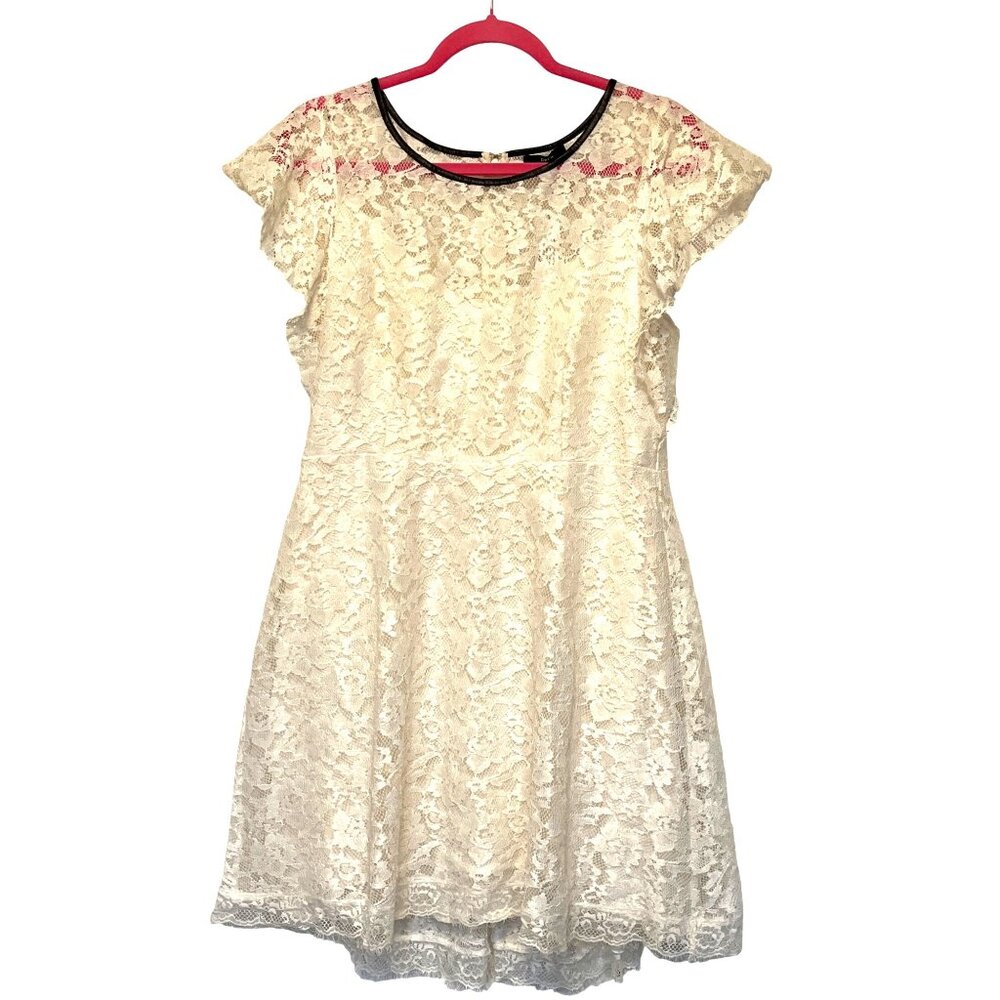 Drew Ivory Lace Dress With Vegan Leather Trim Neckline Lined Zipper Back Size L